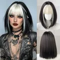 Short black bob wig with platinum blonde bangs and side highlights in Y2K punk style - Black with Gray White Highlights