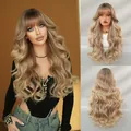 Long wavy ombre blonde wig with air bangs and natural gradient curls for women - 70cm / Starry Brown Gold Highlighted