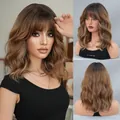 14-inch shoulder-length wavy bob wig with bangs in brown and blonde balayage highlight - Short Style / Ombre Clay Brown