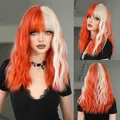 Peluca ondulada naranja vibrante y rubio platino con flequillo vista en varios ángulos - 46cm / Mechas naranjas