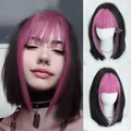 Y2K subculture short bob wig with bangs, black and vibrant pink contrast color hair - Black with Rose Red Highlights