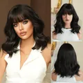 14-inch natural black wavy bob wig with bangs showing front and back views - Short Style / Dark Brown