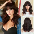 14-inch dark brown shoulder-length wavy wig with air bangs and subtle dark red highlights - Short Style / Mongoose Red