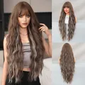 Long wavy brown wig with bangs and blonde highlights, made of heat-resistant fiber - 90cm (36in) / Aoki Brown Highlights