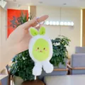 Close-up of a white plush bunny keychain with green accents and silver metal ring - Plain Chain / Green