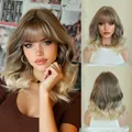 14-inch shoulder length wavy bob wig with bangs in ombre ash blonde synthetic hair - Short Style / Ash Stone Brown Gradient