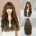 30 inch long wavy dark brown wig with flat bangs shown from multiple angles - Cool Brown
