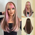 Peluca larga y lisa marrón con mechas rubias y rosas y flequillo recto - Reflejos Rosados