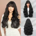 Long wavy black wig with air bangs, high-volume natural curls 30-inch length for women - Natural Black