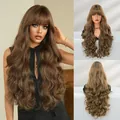 30-inch long wavy dark brown wig with flat bangs shown in front and back views - Reddish Brown
