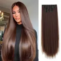 Set de 6 extensiones de pelo largo liso castaño oscuro con clips de 26 pulgadas - Marrón Mocha