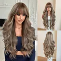 30-inch long wavy brown wig with blonde highlights and stylish air bangs for women - Golden Blonde Highlights