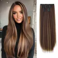 Extensions de cheveux à clips 6 pièces marron foncé avec mèches blondes et fibres lisses - Blond miel