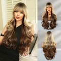 30-inch wavy ombre golden brown long curly synthetic hair wig with bangs - Pal Brown
