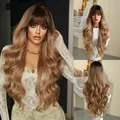 Long wavy brown ombre wig with bangs and 30-inch high-density hair volume - Pink Brown Gradient