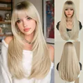 Lange glatte hellblonde Perücke mit dunklem Ansatz und Pony, Mehrwinkel-Ansicht - Frostgold