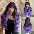 30 inch gradient purple long wavy synthetic wig with flat bangs for women fashion - Black Magic Purple