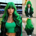 30-inch long wavy synthetic wig featuring neon green to black gradient and full bangs - Kelly Green
