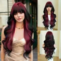 30-inch long wavy synthetic wig with bangs in gradient black and burgundy hair color - Black Red Gradient