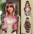 30 inch long wavy synthetic wig with bangs in gradient black pink and taupe shades - Black-Pink Gradient