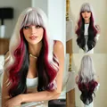 Long wavy synthetic wig with bangs in white red and black gradient color style - Black White Red Highlight