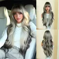 30-inch grey ombre long wavy synthetic wig with bangs shown in multiple display angles - Black and White Gradient