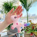 Pink plush unicorn keychain with gold horn and heart embroidery on a silver metal ring - Plain Chain / Pink / 12cm x 9cm
