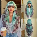 Long wavy ombre wig with bangs in mint green to dream purple synthetic heat resistant fiber - Ice Green
