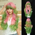 Long wavy synthetic wig with pink and green gradient color and blunt bangs - Sweet Guava Pink Green