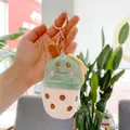 Cute green plush boba tea keychain with smiley face and golden metal clasp for bags - Green Monster (Gold Buckle) / 11cm