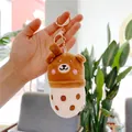 Plush brown bear milk tea cup keychain with golden metal ring and lobster clasp - Brown Bear (Gold Buckle) / 11cm