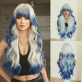 30-inch ombre white to blue wavy synthetic wig with bangs and long loose curls - Silver Blue Ombre