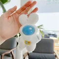 Close-up of plush white astronaut rabbit keychain with blue embroidery detail and ring - 13cm Height / White - Standard Clasp