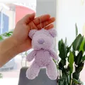 Lavender teddy bear plush keychain made of curly fleece fabric with a silver bead chain - Silver Bead Chain Style / Purple / 13cm