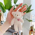 Detail of cream teddy fleece bear keychain with pink heart and silver bead chain - Pink Heart-Silver Chain / Off White / Approx. 12cm