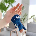Cute dark blue plush dinosaur keychain with soft fur and golden metal clasp for bags - Gold Clasp / Dark Blue / 11cm