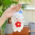 Detail of plush lamb keychain with a blue knitted hat and a red crochet flower accessory - Red Flower Gold Clip / 15CM