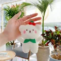 White teddy bear plush keychain with red cherry decoration and green scarf detail - Standard Chain White Bear