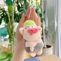 Detail of pink plush pig keychain with green hair and silver metal ring accessory - Plain Chain / Gray