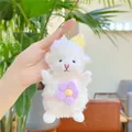 Portachiavi pecora di peluche bianco con cappello giallo e dettaglio floreale - Fiore Viola con Catena / 15CM