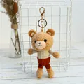 Cute light brown teddy bear plush keychain wearing a knit top and corduroy pants - Gold Clasp (Without Heart) / White Jacket