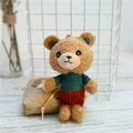 Brown plush teddy bear charm in green plaid sweater and orange corduroy pants - Ball Chain (Without Heart) / Green Clothes