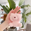 Close-up of a pink plush teddy bear keychain with soft fur and silver bead chain - About 11cm / Plain Chain / Pink