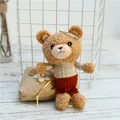 Plush teddy bear keychain in brown curls wearing gold plaid sweater and corduroy shorts - Ball Chain (Without Heart) / White Jacket