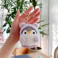 Detailed view of plush penguin charm wearing purple bear outfit with gold metal keychain - Gold Clasp / Purple / 10cm