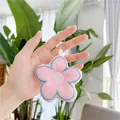 Plush flower keychain in pink with blue embroidery and metal bead chain for bags - Pink - Standard Chain
