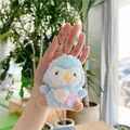 Detail of soft blue penguin plush keychain with pink bunny bag and silver chain - Blue Penguin Style-Silver Bead Chain / Blue