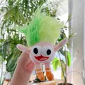 Detail of creative plush doll with green fluffy hair and orange striped socks - Gold Clasp / Dark Green + Light Green