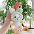 Cute plush kitten keychain with mint green rabbit ear hat and soft white orange fur - Plain Chain / Green