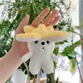 Plush banana dog keychain featuring a white puppy with a bright yellow flower hat - Yellow Bead Chain / 14cm